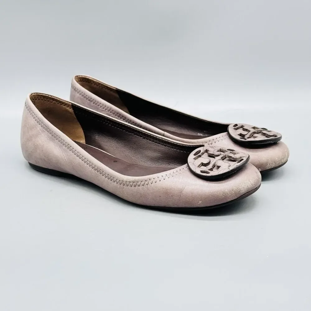 Tory Burch Shoes Womens 6 Gray Leather Slip On Ballet Flats Logo Medallion